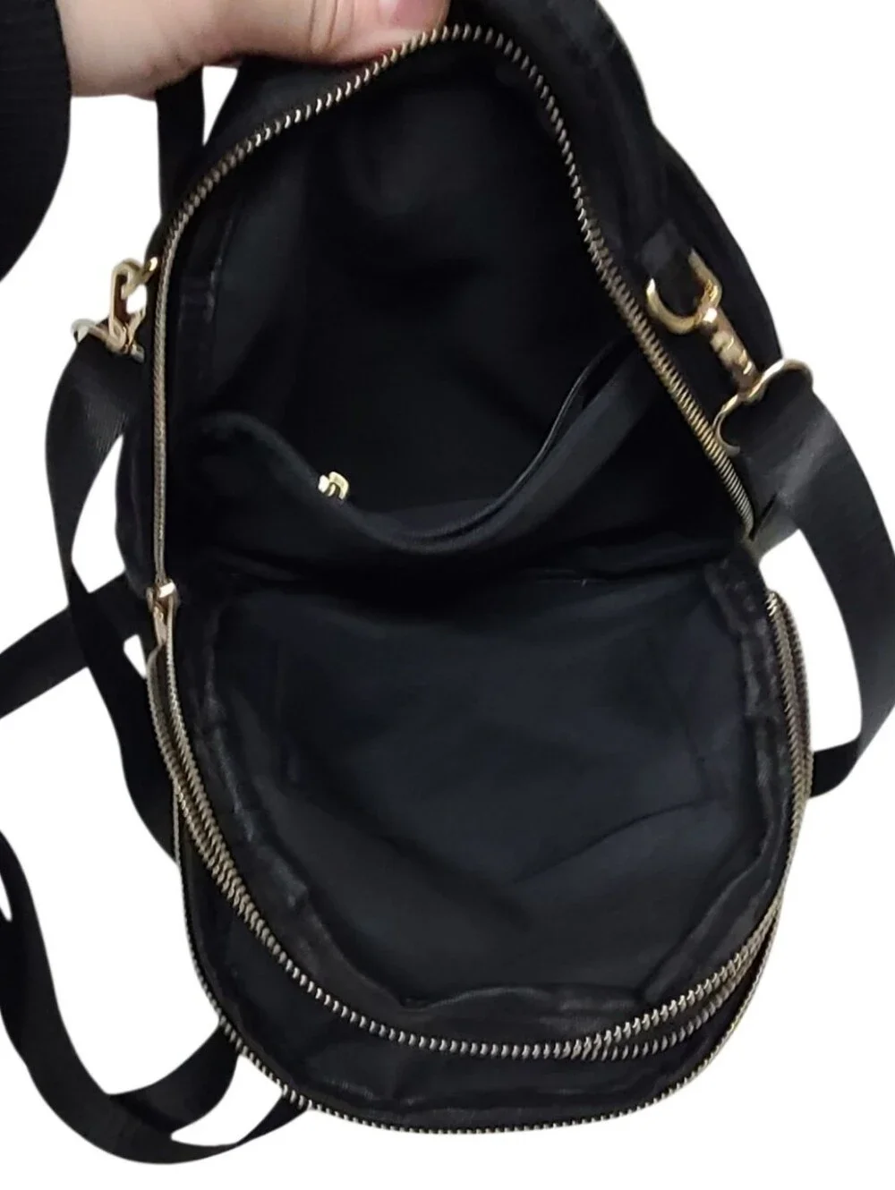Black Nylon Mini Backpack Convertible Purse Crossbody Shoulder Bag Gold Hardware